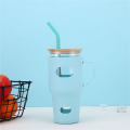32 Oz Glass Tumbler with Lid and Straw, Glass Water Bottles with Handle, Glass Cup with Silicone Sleeve,Cup Holder Easy to Use Reusable Blue. 