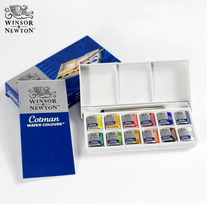 Winsor Newton 12 Color Cotman Solid Watercolor Paint Sketchers' Pocket Box Half Pans Palette Watercolor Brush Acuarela School