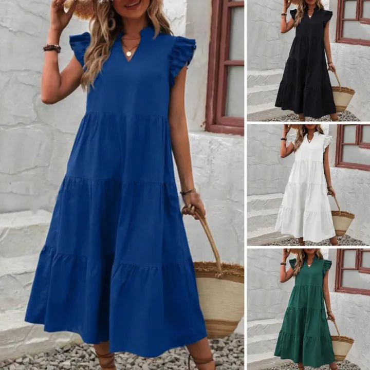 Women%20Summer%20Dress%20A-line%20Patchwork%20Big%20Hem%20Lady%20Dress%20Flying%20Sleeves%20Ruffle%20Pleated%20Vacation%20Beach%20Midi%20Dress%20-%20Image%205