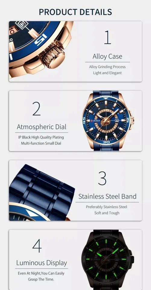 CURREN Orologio Uomo Analogico Al Quarzo Con Data - Quadrante Blu 48 Mm, Cassa In Acciaio, Cinturino In Metallo, Impermeabile 3 ATM