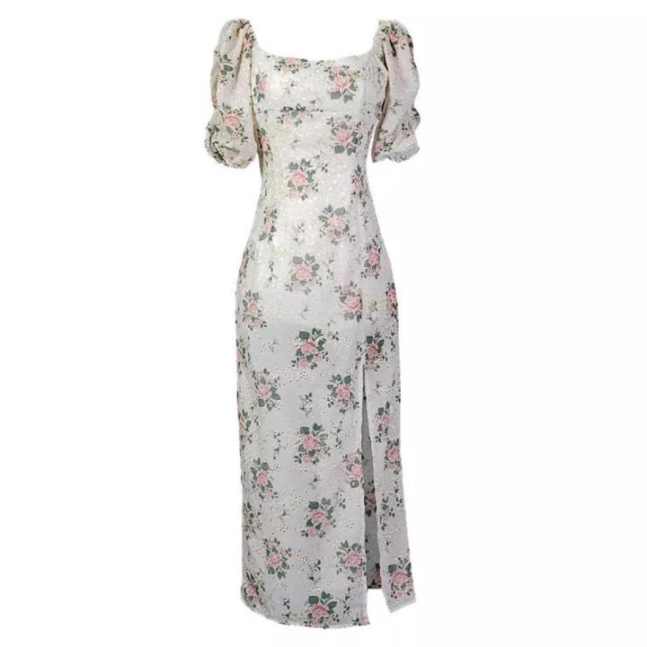 Yfashion Basic Sweet Floral Dress Square Neck Puff Sleeve High Waist Pullover Short Sleeve d-length Skirt A-line Skirt Split Dress color:Color size:S