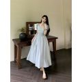 French Style Puff Sleeve Square Collar Lace up Dress Women's Summer 2024 New Sweet Waist Trimming Mid-Length a Line skirt. 
