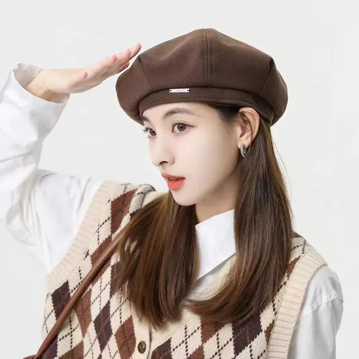 Black%20beret%20new%20women's%20autumn%20and%20winter%20Japanese%20face%20show%20small%20woolen%20octagonal%20hat%20ins%20painter%20hat%20big%20head%20hat%20-%20Image%203