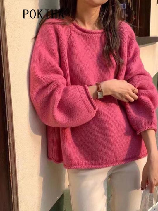 Pokiha Fashion Women New Elegant Casual Solid Loose Knitted Sweater Vintage O-Neck Long Sleeves Female Pullovers Chic Jumper