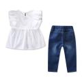 Toddler Kids Baby Girls Outfits Solid T-shirt Tops+Pearl Denim Pants Jeans Set. 