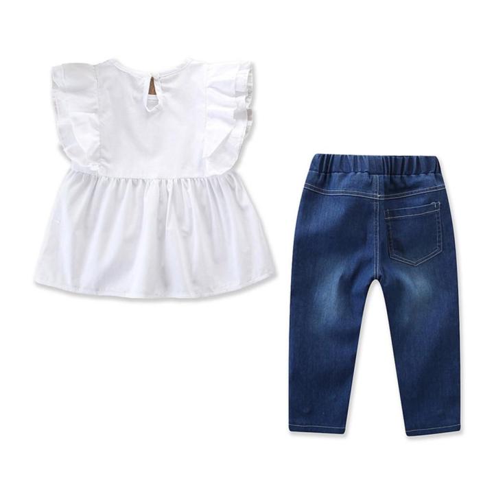 Toddler%20Kids%20Baby%20Girls%20Outfits%20Solid%20T-shirt%20Tops+Pearl%20Denim%20Pants%20Jeans%20Set%20-%20Image%207