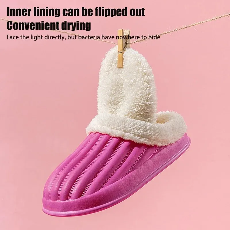 Waterproof Winter Fur Plush Slippers Women Men Home Warm Women