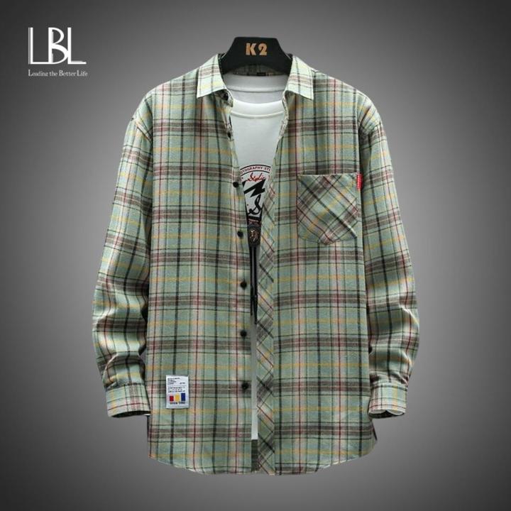 Men Harajuku Plaid Shirt Cotton Casual Korean Shirts Male Long Sleeve Casual Blouses Tops Spring Autumn Loose Checkboard Outwear