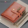 Retro Men Double Zipper Short Wallet Portable Multi-slot Mini Purse Card Holder with Chain Fashion Solid Color PU Leather Burse.