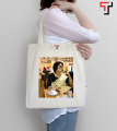 Customizely Illustrated bengali girl with saree Printed Black and White Canvas Tote Bag with Zipper for Girls.