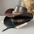 Western Cowboy Hat Ox Head Belt Rivet Fedora Hat for Men Women Outdoor Travel Wide Brim Sun Hat Faux Leather Panama Cowgirl Hat.