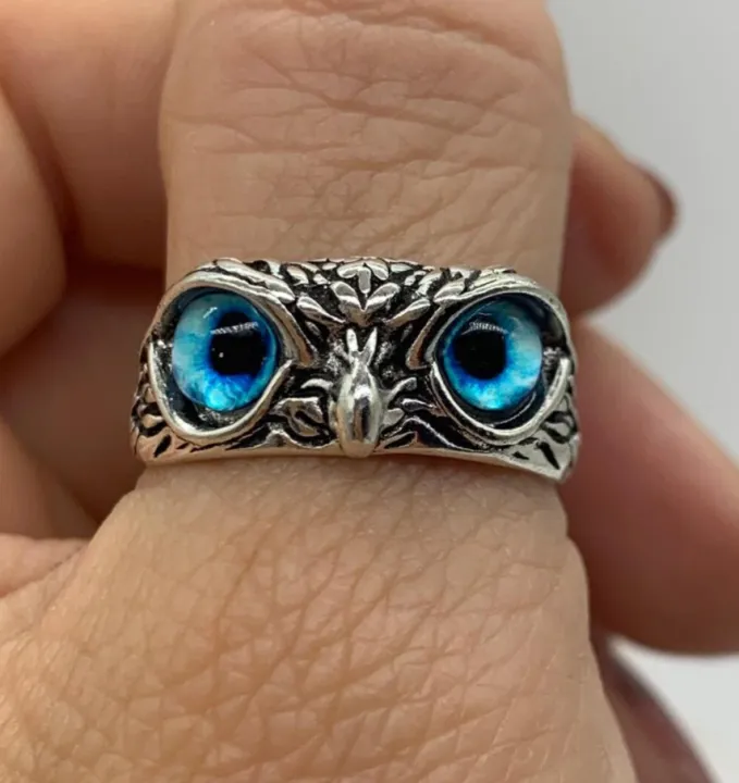 Blue%20Demon%20Eyes%20Owl/Ullu%20Bird%20Face%20Design%20Thumb%20Finger%20Ring%20Stainless%20Steel%20Silver%20Plated%20Ring%20-%20Image%202