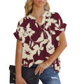 Summer New Women's Loose Printed Short Sleeve V Collar Button Chiffon Shirt.