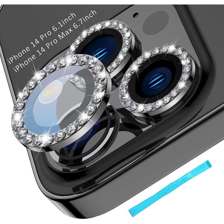 ELEF Diamond Stone Camera Lens Protector For iPhone 14 Pro Max,iPhone 14 Pro HD Clear Real Glass Protection Metal Alloy Full Fit Lens Ring For iPhone 14 Pro Max-Black
