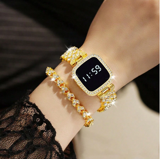 Fashionable LED Display Digital Touch Screen Wristwatch & Bracelet For Girls 2Pcs Combo