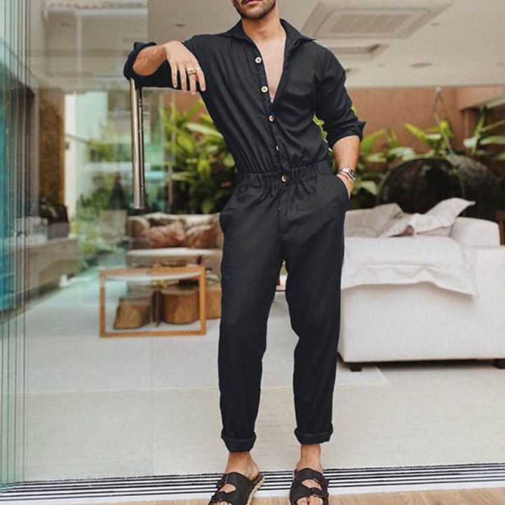 Lounge%20Jumpsuits%20Men%20Mens%20Spring%20And%20Autumn%20Fashion%20Leisure%20Solid%20Color%20Lapel%20Pocket%20Buckle%20Overalls%20Jumpsuit%20Sweat%20Set%20-%20Image%207