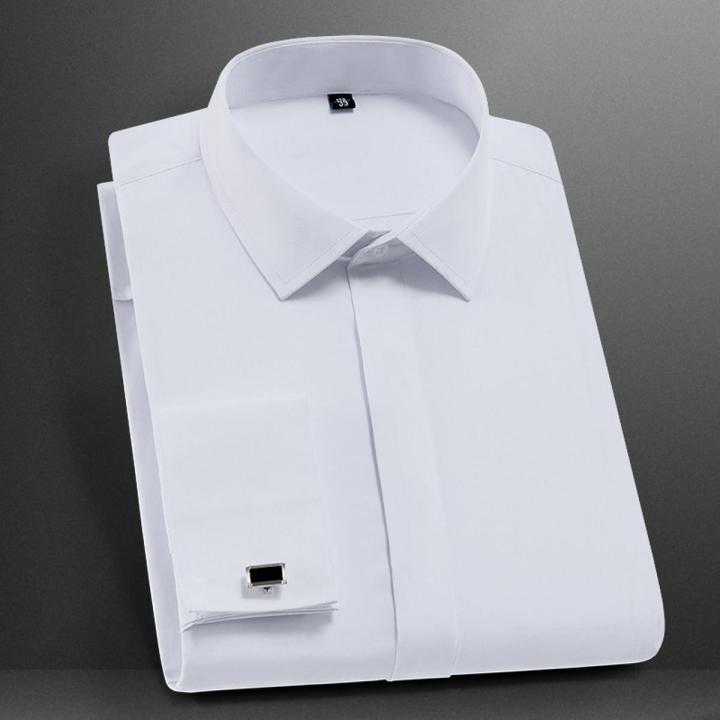 Solid Mens Classic French Cuffs Dress Shirt Long Sleeve Covered Placket Formal Business Standard-fit Design Wedding White Shirts