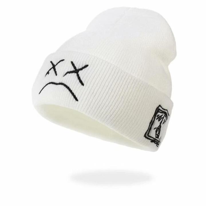 Embroidery Beanie Cap Sad Boy Face Knitted Hat for Winter Hop Beanies Fashion Ski Hats Uni