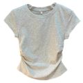 European and American Solid Color Shoulder T T-shirt Short-Sleeved Women's Summer Slim-Fit Chic Short Waist Easy Matching Waisted Gray Top.