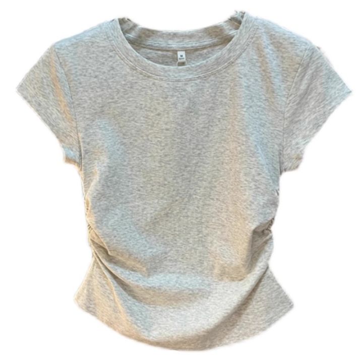 European%20and%20American%20Solid%20Color%20Shoulder%20T%20T-shirt%20Short-Sleeved%20Women's%20Summer%20Slim-Fit%20Chic%20Short%20Waist%20Easy%20Matching%20Waisted%20Gray%20Top%20-%20Image%205