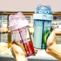 420ml Children Double Straws Water Bottle Outdoor Portable Bottle Student Couple Plastic Cup Gift Dual Use Drinking Water Kettle.