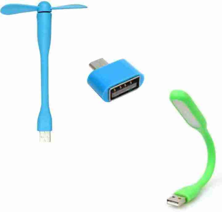 3 In 1 Combo Of Otg Adaptor, USB Fan & USB LED Light - Multicolor