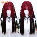 MEIFAN Synthetic Long Straight Lolita Wig with Bang Red Ombre Black Cosplay Party Halloween Christmas Wavy Curly Harajuku Wig.
