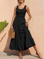 Dresses For Women 2024 Summer Elegant Sleeveless Floral Solid Color Long Dress Fashion Elastic Waist Beach Party Big Swing.
