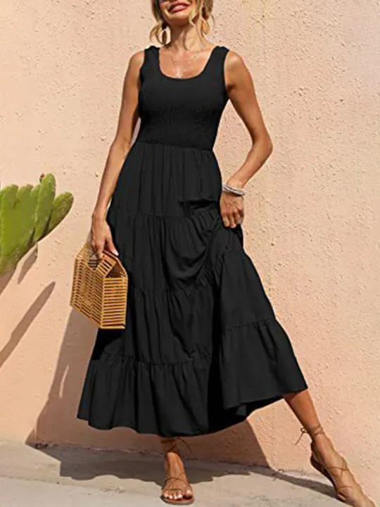Dresses%20For%20Women%202024%20Summer%20Elegant%20Sleeveless%20Floral%20Solid%20Color%20Long%20Dress%20Fashion%20Elastic%20Waist%20Beach%20Party%20Big%20Swing%20-%20Image%204