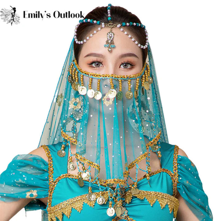 Women Belly Dance Tribal Face Veil Halloween Costume Accessory Beaded Masquerade Mask India Dance Outfit Sexy Arabic Princess