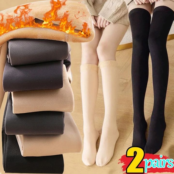 1/2Pairs Thickened Velvet Stockings Winter Women's Home Warmer Floor Socks Over Knee Sox Solid Colors Snow Boots Heat Hosiery
