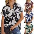Summer New Women's Loose Printed Short Sleeve V Collar Button Chiffon Shirt.
