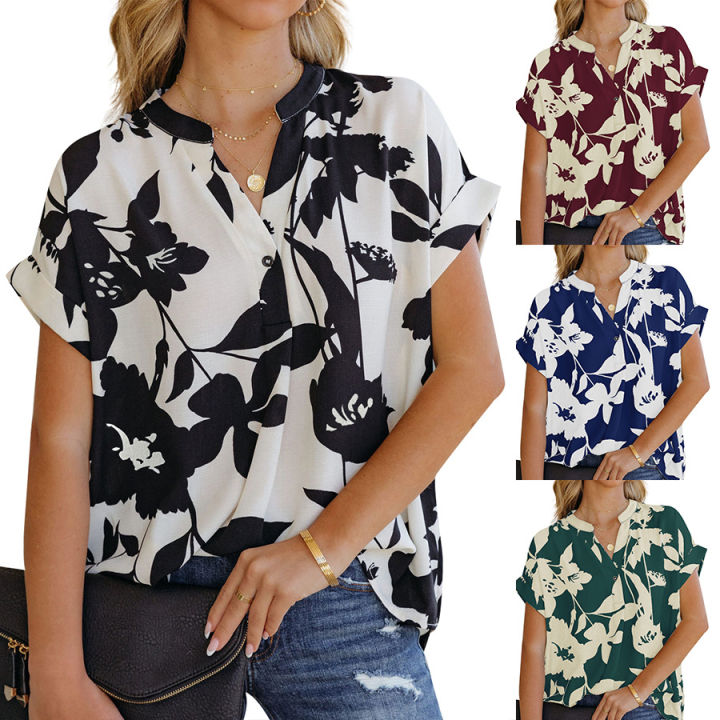 Summer New Women's Loose Printed Short Sleeve V Collar Button Chiffon Shirt