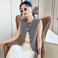 Summer Waistcoat Suit Vest Women's Single-Breasted round Neck Design Sense Niche Short Fashion All-Match Vest Waistcoat Fashion. 