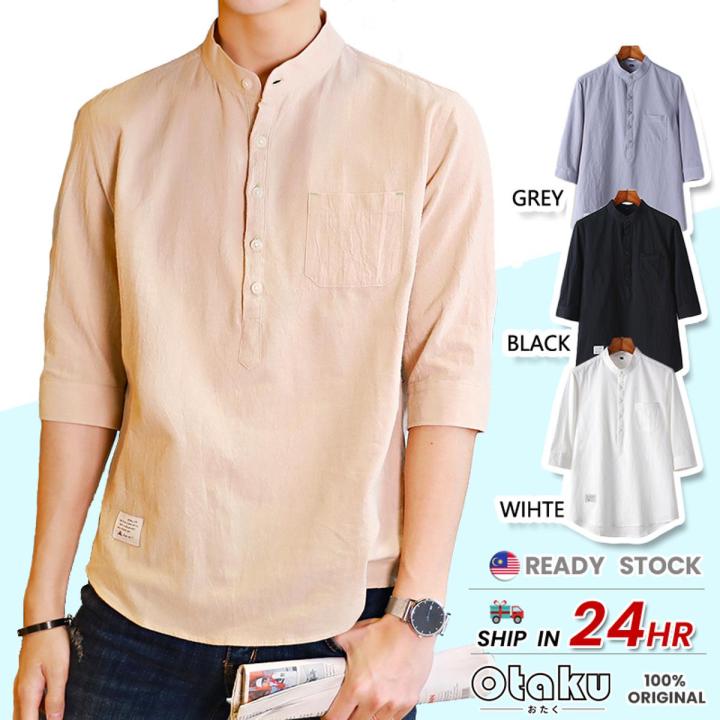 OTAKU Polo For Men Cotton Linen Chinese Collar 4/3 Sleeve Men Shirt Stand Collar Casual Polo Shirt