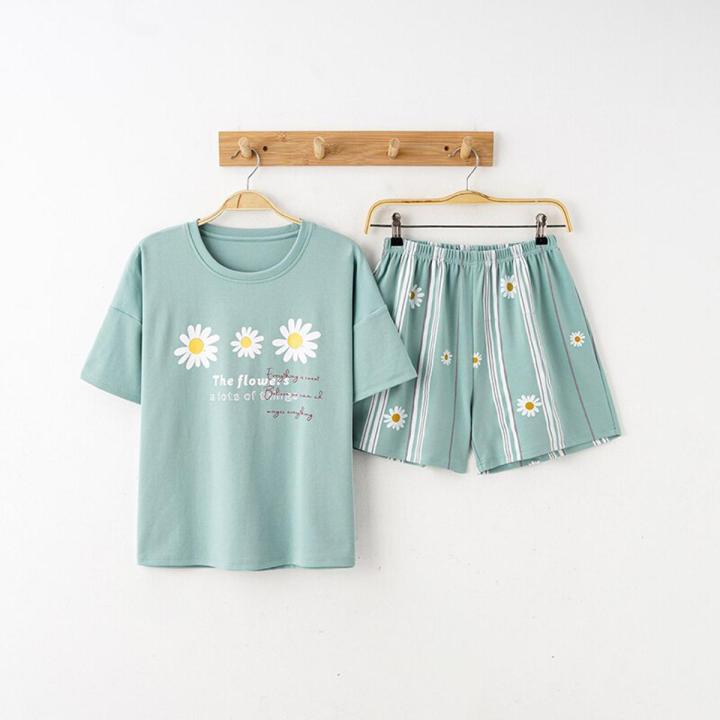 Flowers Pattern Pajamas Women Summer Short Sleeves Shorts Sleepwear Cotton Pijama Comfort Nightwear Plus Size Pyjamas
