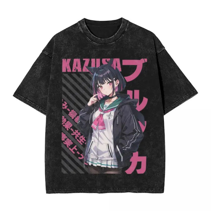 Blue archive kyouyama Kazusa washed T shirt streetwear hip hop vintage T-shirts anime tees for Men 100% cotton Harajuku printed