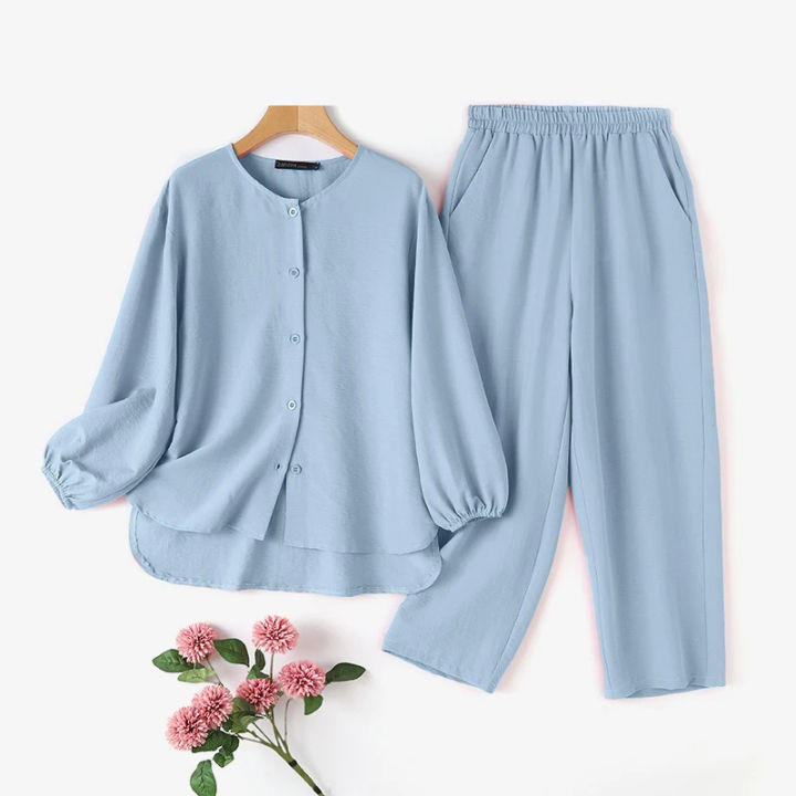 Women Fashion Pants Sets Summer Long Sleeve Shirt Casual Solid Trousers Suits Loose Tracksuit Outi fits 2PCS Matching Sets