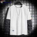 Decorative Splicing Style T-shirt Stylish Men's Two-piece Patchwork Sweatshirt Trendy Fall/winter Hop Stwear for Soutast Asian Fashion Enthusiasts Men Round Neck T-shirt.