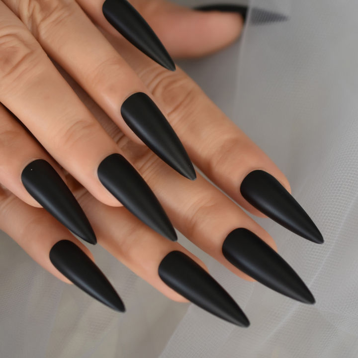 Solid%20Black%20Pointed%20Design%20Press%20on%20Nail%20Long%20Matte%20Frosted%20Stiletto%20Full%20Cover%20Artificial%20False%20Nails%20for%20Women%20Salon%20Home%20-%20Image%202