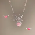 Cute Bow Heart Pendant Necklace with Elegant Pink Zircon Classic Simple Style for Ladies & Women Pendant Necklaces for Anniversary Weddings & Parties Jewelry Gift.
