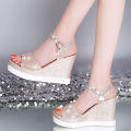 Women's Wedge Sandals2023Summer New Korean Style All-Matching Waterproof Platform Platform High Heel Open Toe Platform Shoes with Buckle.