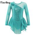 Girls Gymnastic Ballet Leotard Dress Kid Sequins Mesh Long Sleeves Tulle Splice Cutouts Back Figure Ice Skating Dress. 