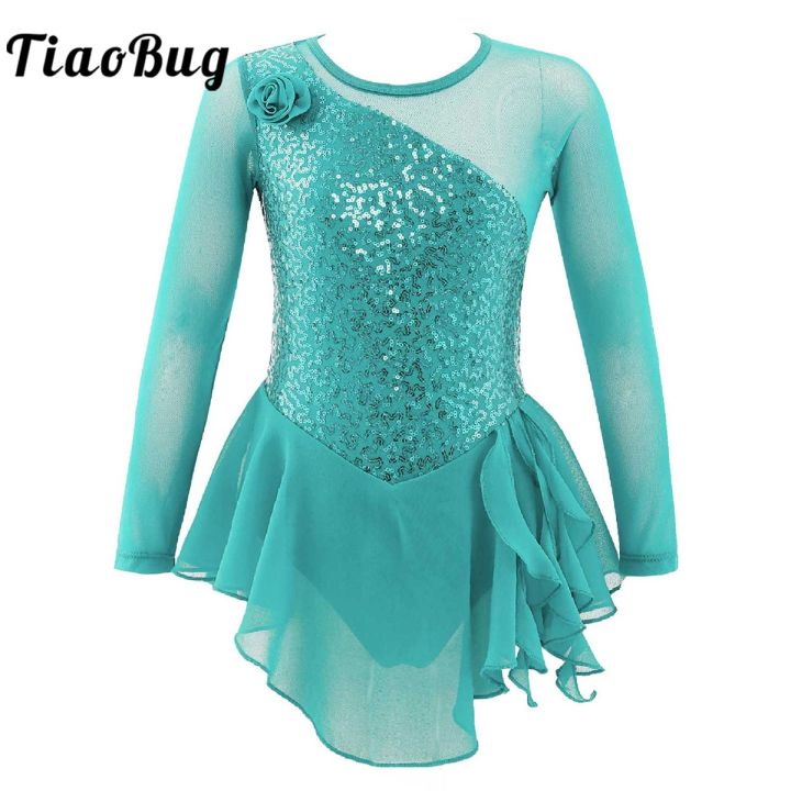 Girls Gymnastic Ballet Leotard Dress Kid Sequins Mesh Long Sleeves Tulle Splice Cutouts Back Figure Ice Skating Dress