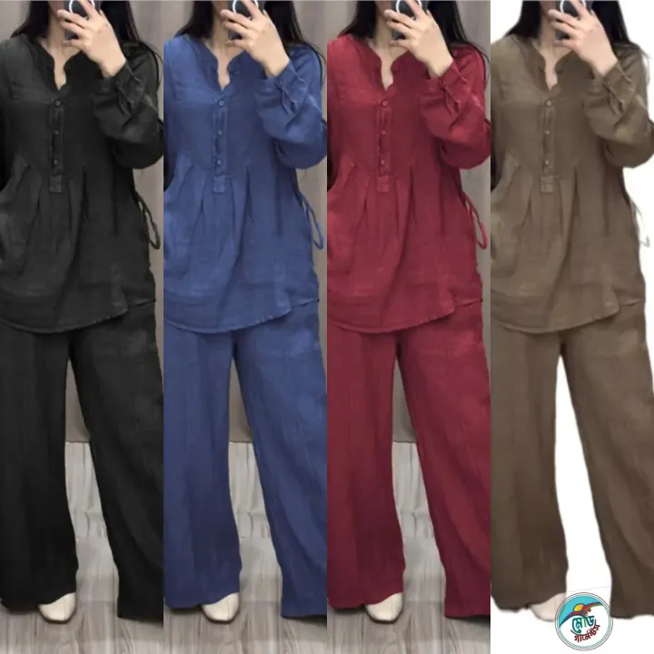 Ladies%20Casual%20Long%20Sleeve%20Pocket%20Shirts%202%20Piece%20Set%20Fashion%20Loose%20Pleated%20Wide-leg%20Pants%20Suit%20-%20Image%202