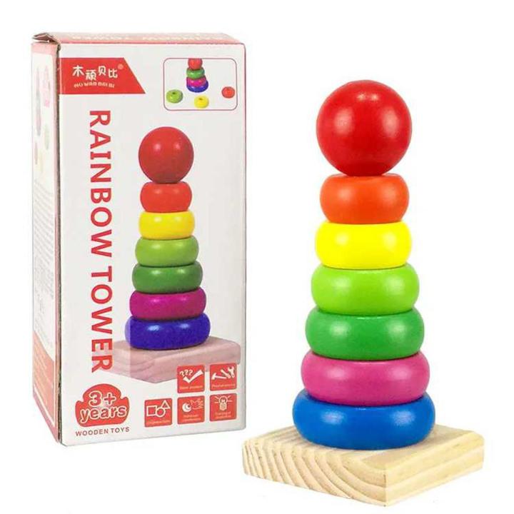 Wooden Toys Rainbow Tower Blocks Rainbow Color Children