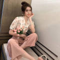 Summer Korean Style Chiffon Short Sleeve New Fashion Outfit Women's Temperament Leisure Wide Leg Pants Cropped Pants Two-Piece Suit Fashion. 