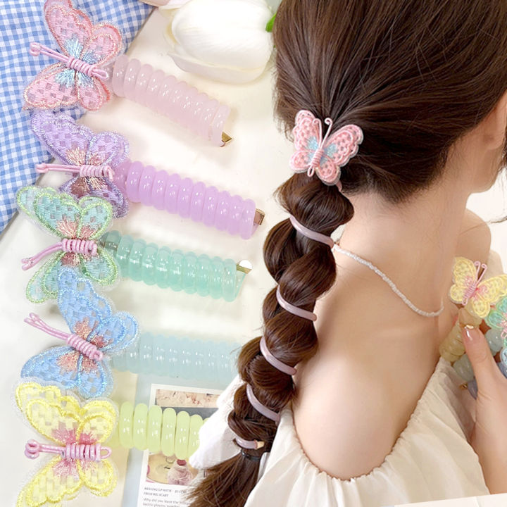【Must-have】 Fashion Cloth Butterfly Line Hair Ring Colorful Hair Scrunchies Ponytail Hair Bands Hair Accessories Kids Girls