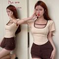 Hot Girls Unique Chic Sweet and Spicy Style Short Top Design Sense Niche Clavicle Square Collar Short Sleeve T Women's Summer T-shirt ins.