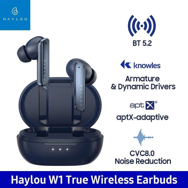 Haylou W1 TWS bluetooth V5.2 Earphone QCC3040 APT Adaptive Stereo Earbuds Dual Drivers Knowles Balanced Armature Dynamic Wireless Headphone with 4 Mic Clear Calls